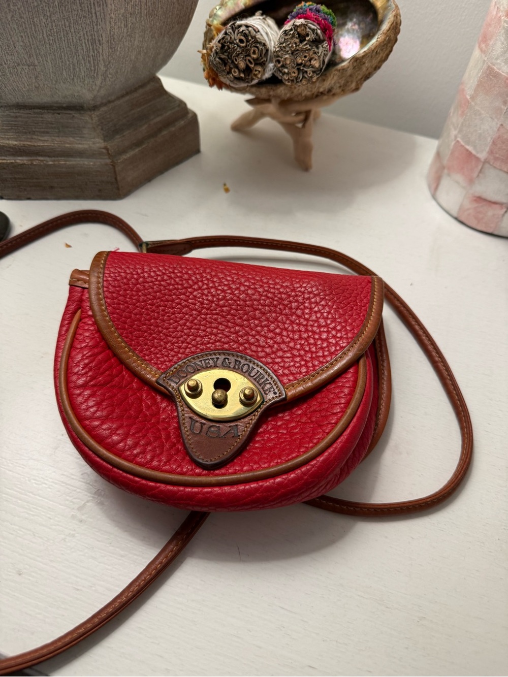 Dooney & Bourke Red Pebbled Leather Satchel Trio with Tan Trim - Picture 11 of 13